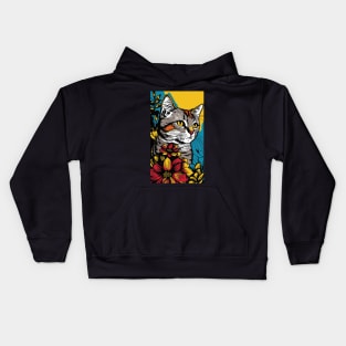 American Shorthair Cat Vibrant Tropical Flower Tall Retro Vintage Digital Pop Art Portrait Kids Hoodie
